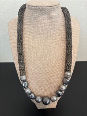 Vintage Industrial Chic Grey Pearl & Woven Mesh Statement Necklace